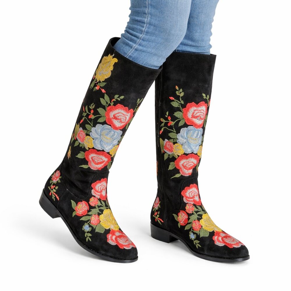 7.5 Floral Embroidered Boho Tall Black Boots